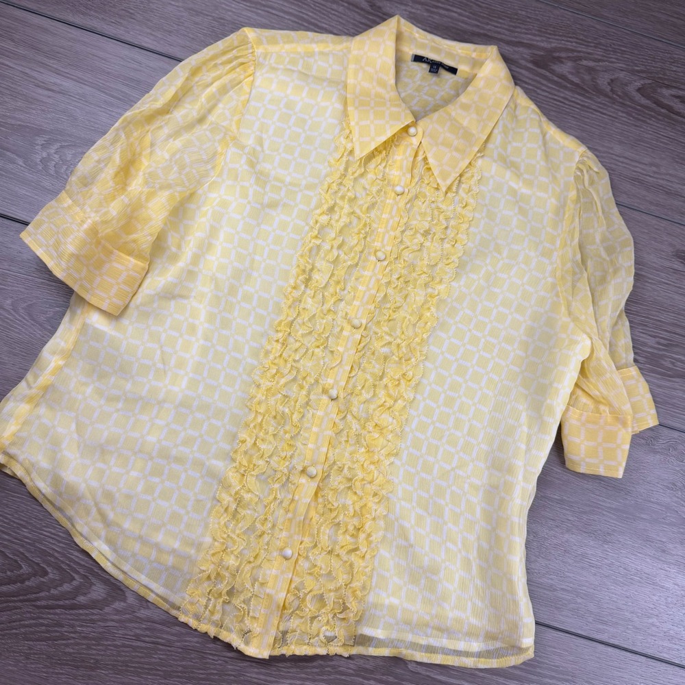Anne Klein Womens Silk Blouse Ruffle Front Checkered Yellow 14